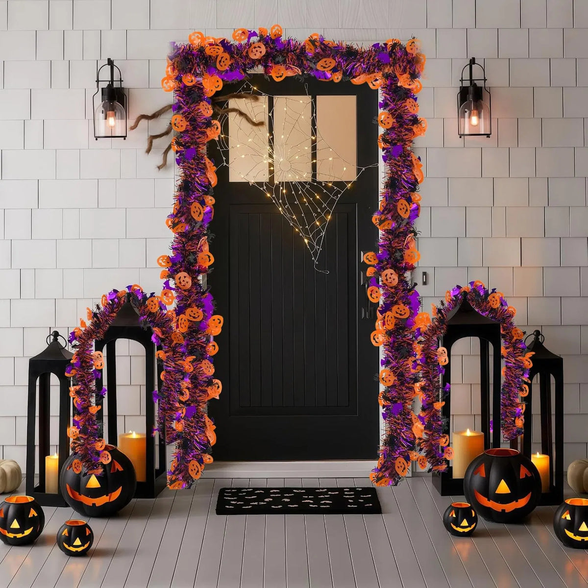 65.6 ft Halloween Tinsel Garland with Pumpkin, Bat & Spider Cutouts, Metallic Fringe Hanging Decor for Doorways, Mantels & Parties
