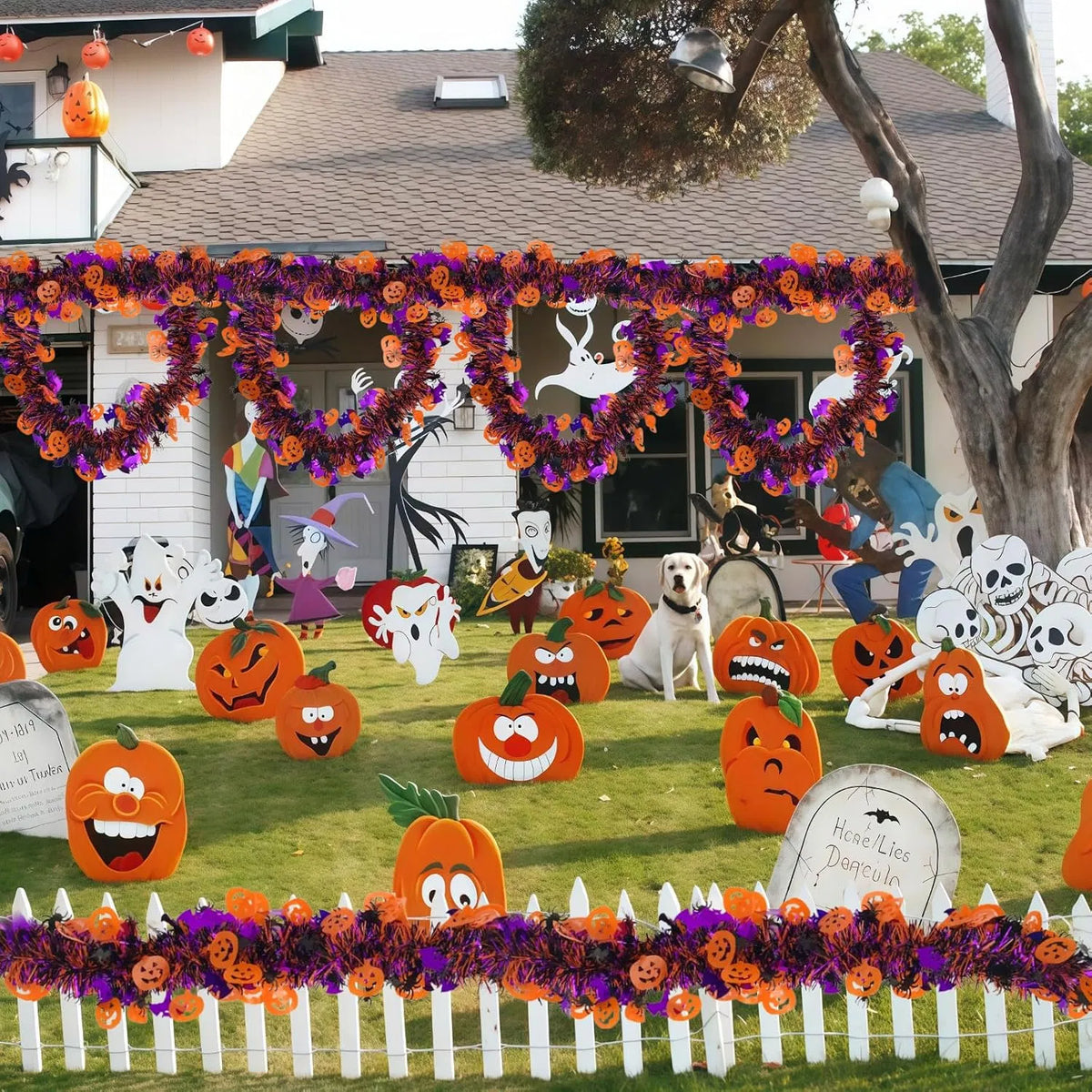 65.6 ft Halloween Tinsel Garland with Pumpkin, Bat & Spider Cutouts, Metallic Fringe Hanging Decor for Doorways, Mantels & Parties