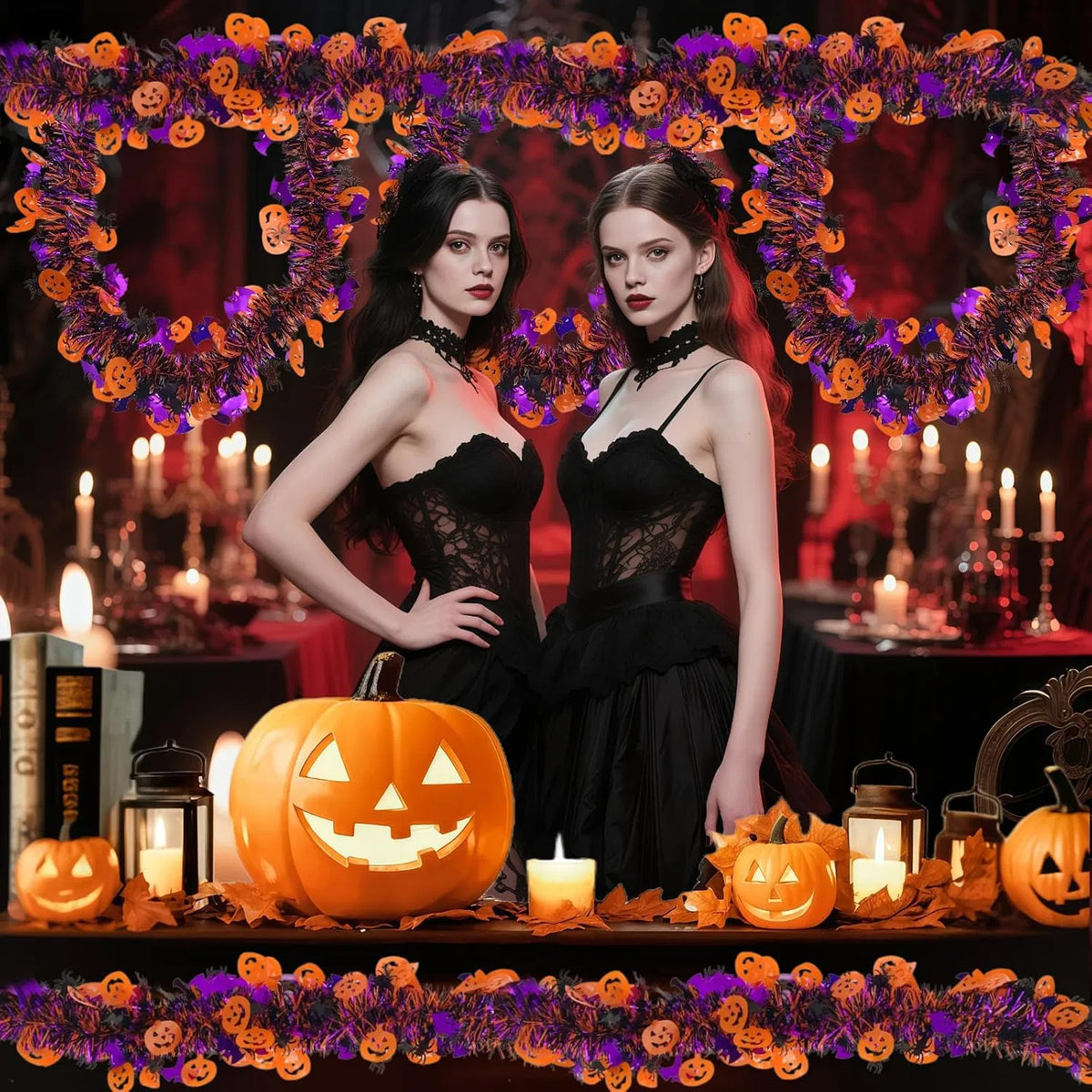 65.6 ft Halloween Tinsel Garland with Pumpkin, Bat & Spider Cutouts, Metallic Fringe Hanging Decor for Doorways, Mantels & Parties