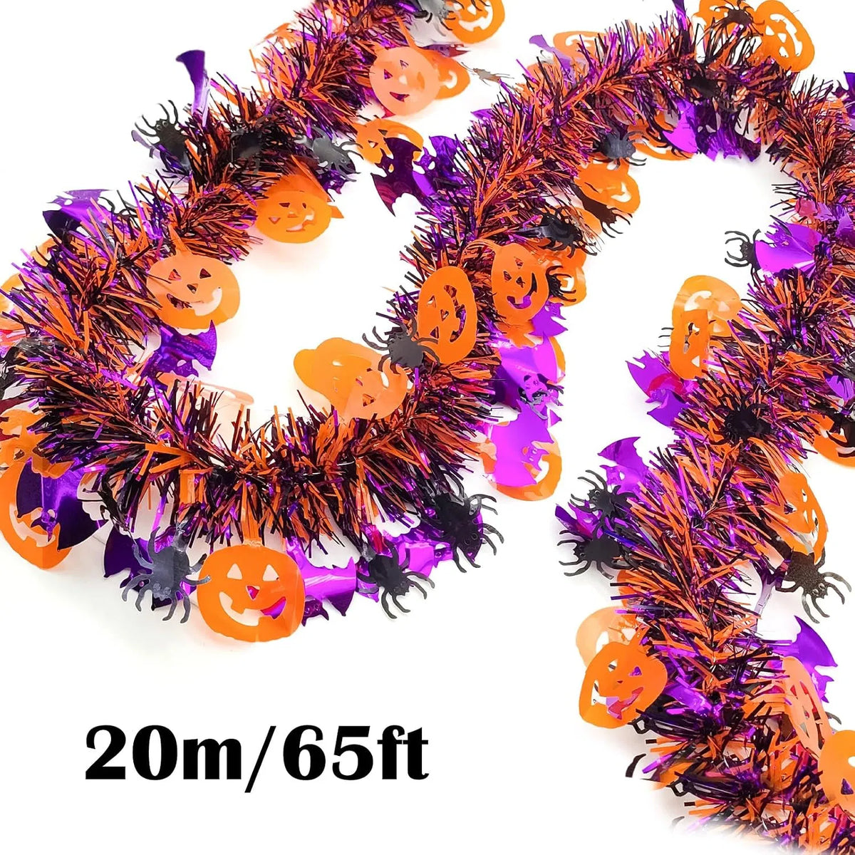 65.6 ft Halloween Tinsel Garland with Pumpkin, Bat & Spider Cutouts, Metallic Fringe Hanging Decor for Doorways, Mantels & Parties