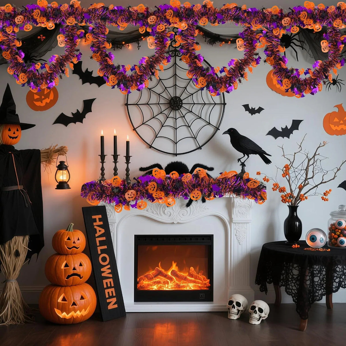 65.6 ft Halloween Tinsel Garland with Pumpkin, Bat & Spider Cutouts, Metallic Fringe Hanging Decor for Doorways, Mantels & Parties