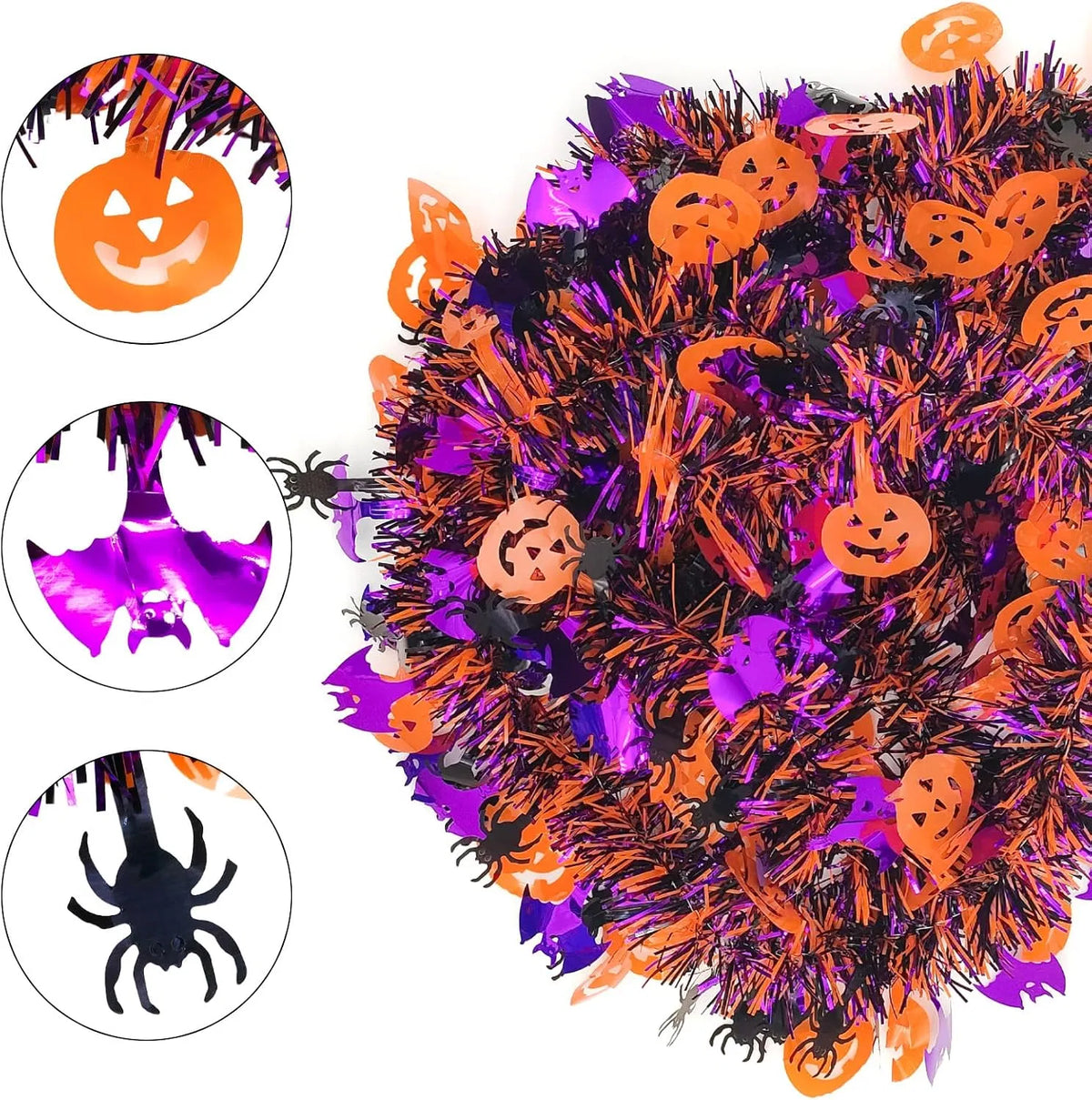 65.6 ft Halloween Tinsel Garland with Pumpkin, Bat & Spider Cutouts, Metallic Fringe Hanging Decor for Doorways, Mantels & Parties