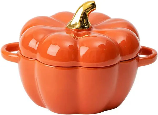 Aeelleea Pumpkin Ceramic Bowl with Lid & Handles, 14oz Oven Safe Stoneware Ramekin, Individual Baking Casserole Serving Pot for Fall Halloween