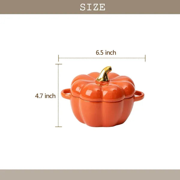 Aeelleea Pumpkin Ceramic Bowl with Lid & Handles, 14oz Oven Safe Stoneware Ramekin, Individual Baking Casserole Serving Pot for Fall Halloween