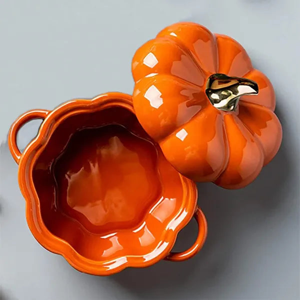 Aeelleea Pumpkin Ceramic Bowl with Lid & Handles, 14oz Oven Safe Stoneware Ramekin, Individual Baking Casserole Serving Pot for Fall Halloween