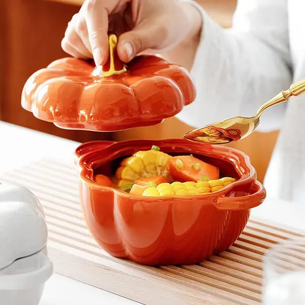 Aeelleea Pumpkin Ceramic Bowl with Lid & Handles, 14oz Oven Safe Stoneware Ramekin, Individual Baking Casserole Serving Pot for Fall Halloween