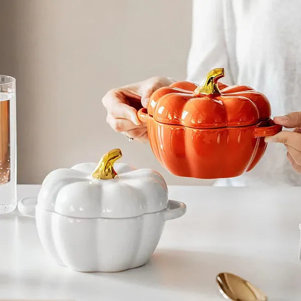 Aeelleea Pumpkin Ceramic Bowl with Lid & Handles, 14oz Oven Safe Stoneware Ramekin, Individual Baking Casserole Serving Pot for Fall Halloween