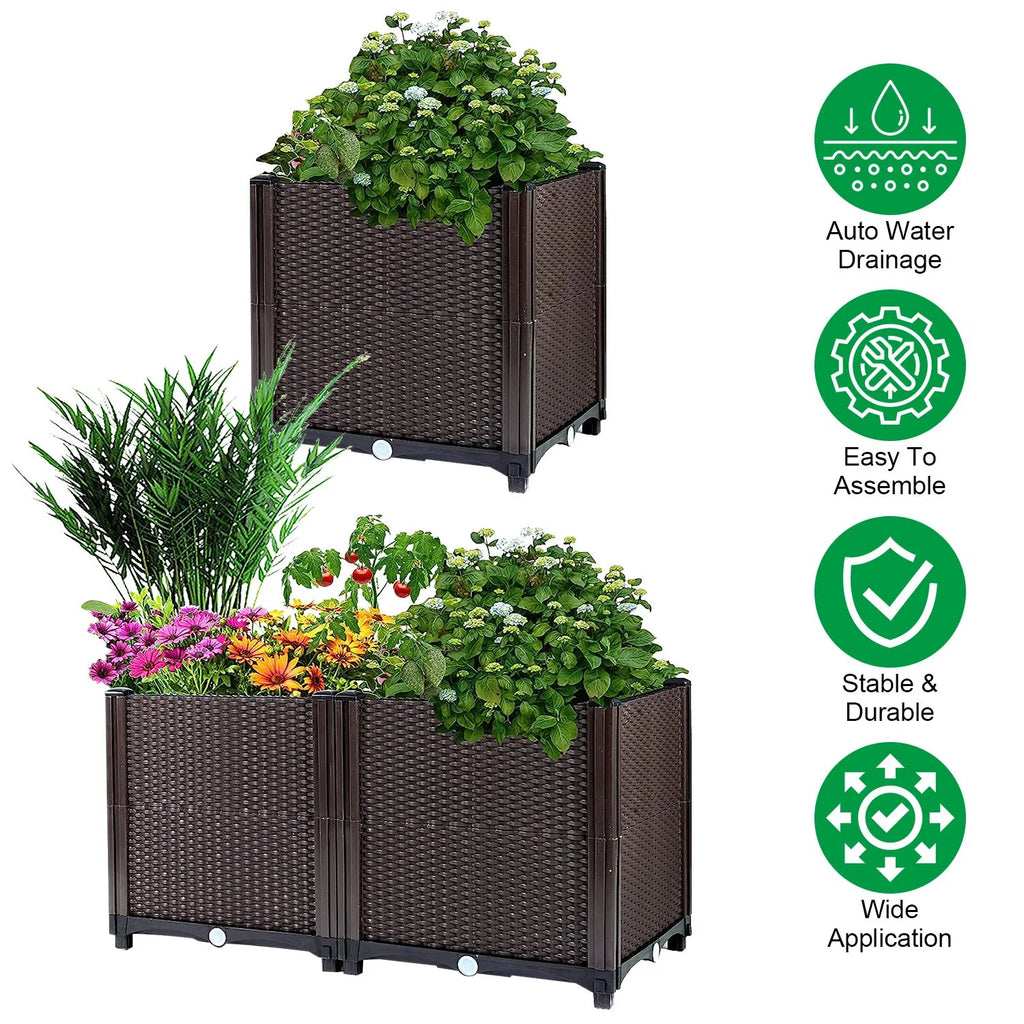 AEELLEEA Elevated Garden Bed with Self-Watering System, Rattan Planter Box for Flowers Vegetables Herbs, 23.6"x11.8"x13.8", Brown