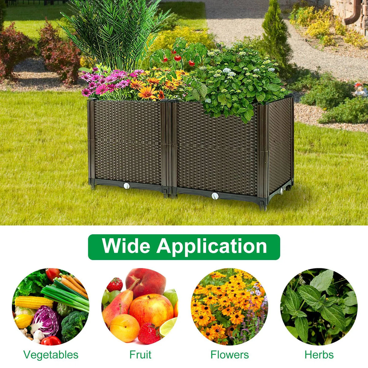 AEELLEEA Elevated Garden Bed with Self-Watering System, Rattan Planter Box for Flowers Vegetables Herbs, 23.6"x11.8"x13.8", Brown