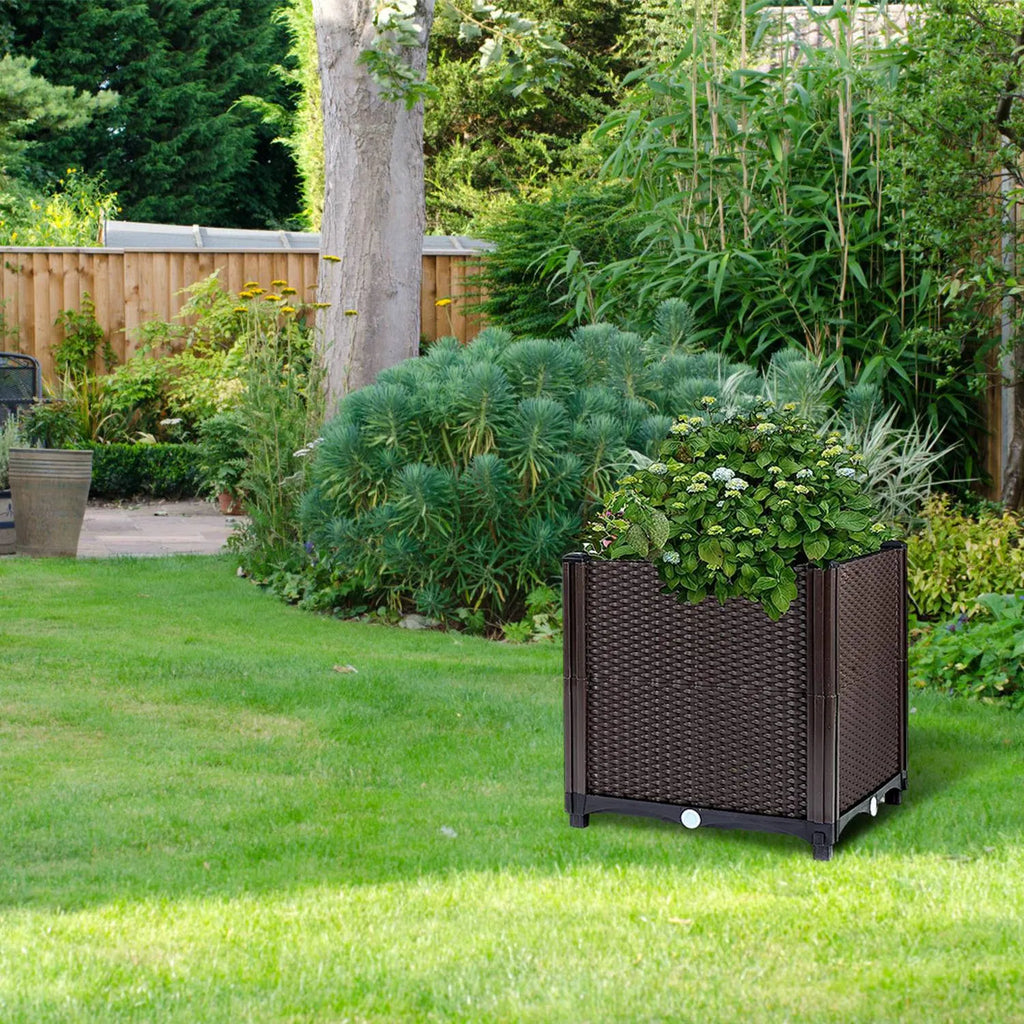 AEELLEEA Elevated Garden Bed with Self-Watering System, Rattan Planter Box for Flowers Vegetables Herbs, 23.6"x11.8"x13.8", Brown
