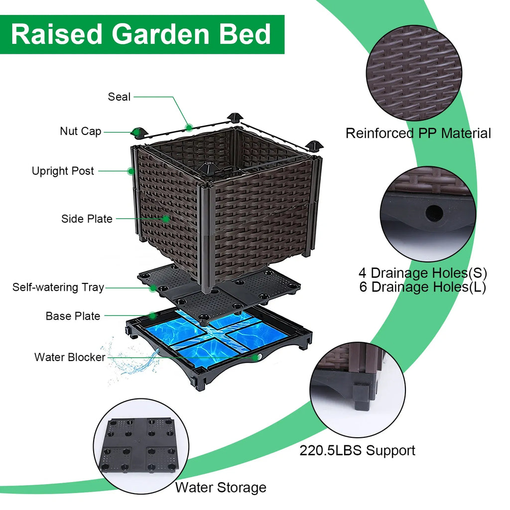 AEELLEEA Elevated Garden Bed with Self-Watering System, Rattan Planter Box for Flowers Vegetables Herbs, 23.6"x11.8"x13.8", Brown