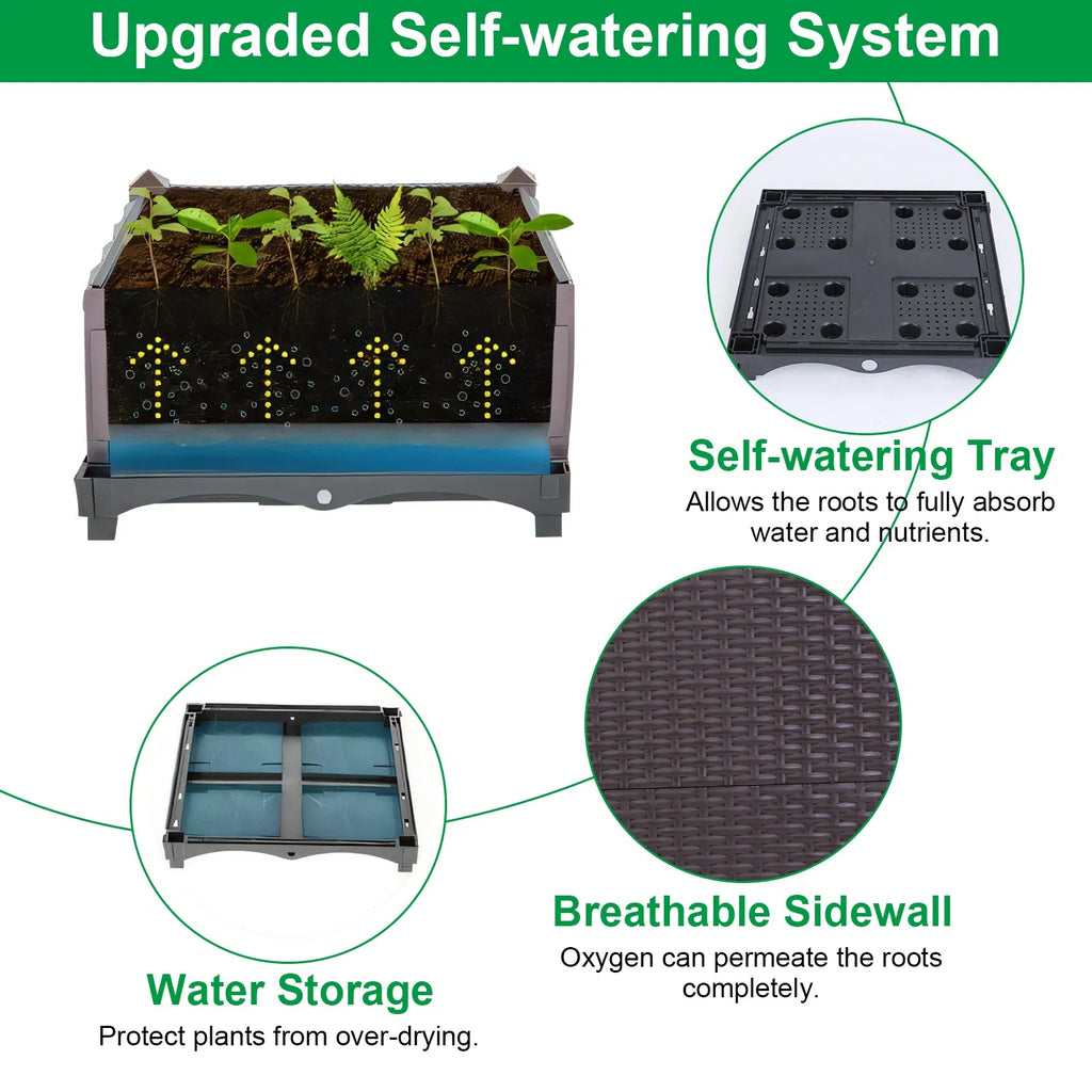AEELLEEA Elevated Garden Bed with Self-Watering System, Rattan Planter Box for Flowers Vegetables Herbs, 23.6"x11.8"x13.8", Brown