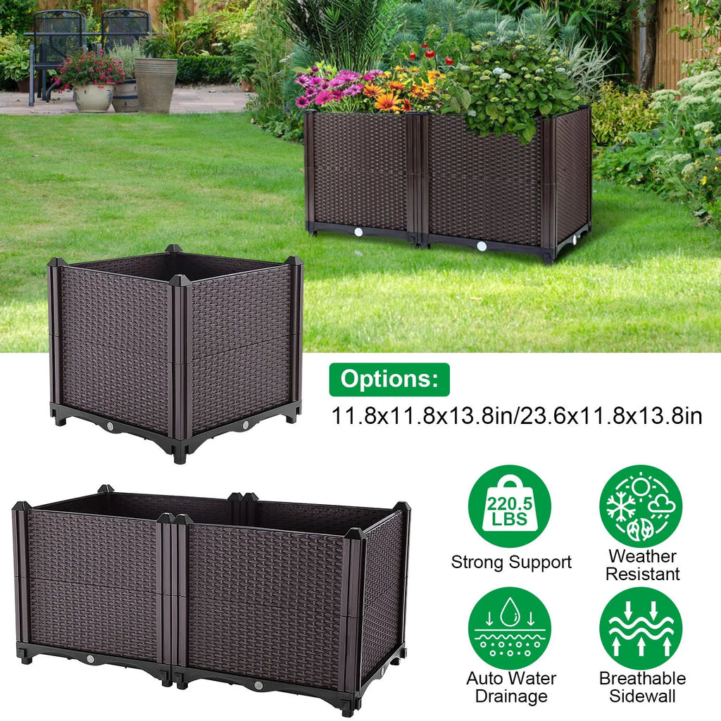 AEELLEEA Elevated Garden Bed with Self-Watering System, Rattan Planter Box for Flowers Vegetables Herbs, 23.6"x11.8"x13.8", Brown
