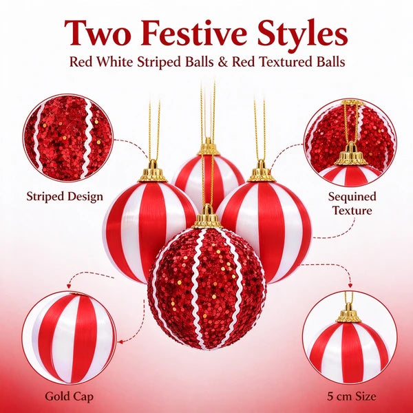 Aeelleea Red White Christmas Ball Ornaments, 1.97in Foam Hanging Baubles, Striped Sequin Spheres for Xmas Tree Wreath Holiday Decor