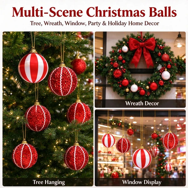 Aeelleea Red White Christmas Ball Ornaments, 1.97in Foam Hanging Baubles, Striped Sequin Spheres for Xmas Tree Wreath Holiday Decor