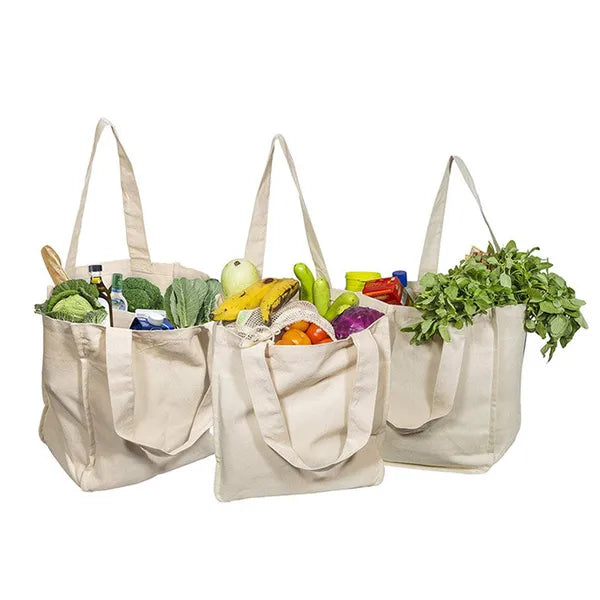 Reusable Canvas Grocery Tote Bag with 6 Internal Pockets, Large Heavy Duty Shopping Bag for Farmers Market, Beach, Travel & Daily Use