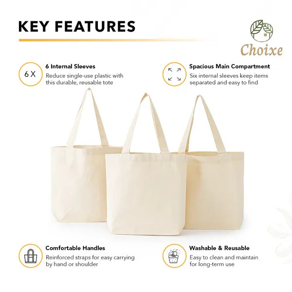 Reusable Canvas Grocery Tote Bag with 6 Internal Pockets, Large Heavy Duty Shopping Bag for Farmers Market, Beach, Travel & Daily Use