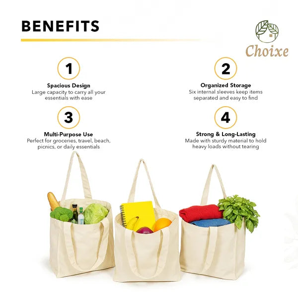 Reusable Canvas Grocery Tote Bag with 6 Internal Pockets, Large Heavy Duty Shopping Bag for Farmers Market, Beach, Travel & Daily Use