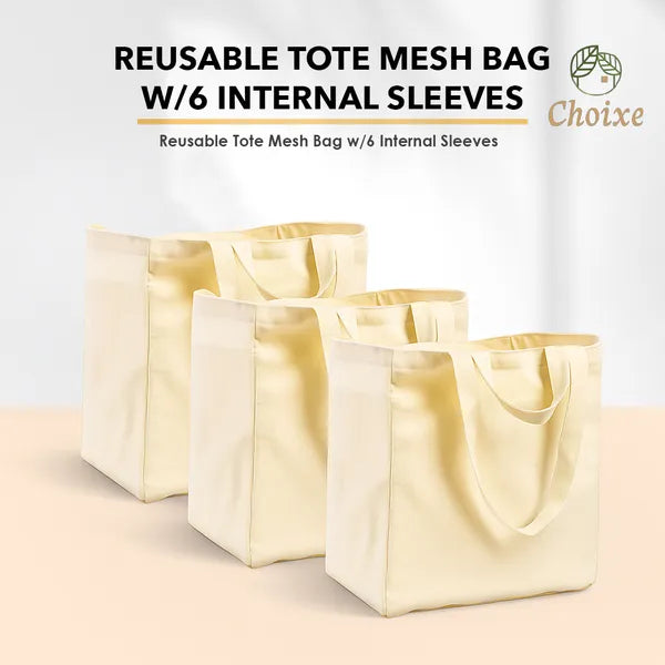 Reusable Canvas Grocery Tote Bag with 6 Internal Pockets, Large Heavy Duty Shopping Bag for Farmers Market, Beach, Travel & Daily Use