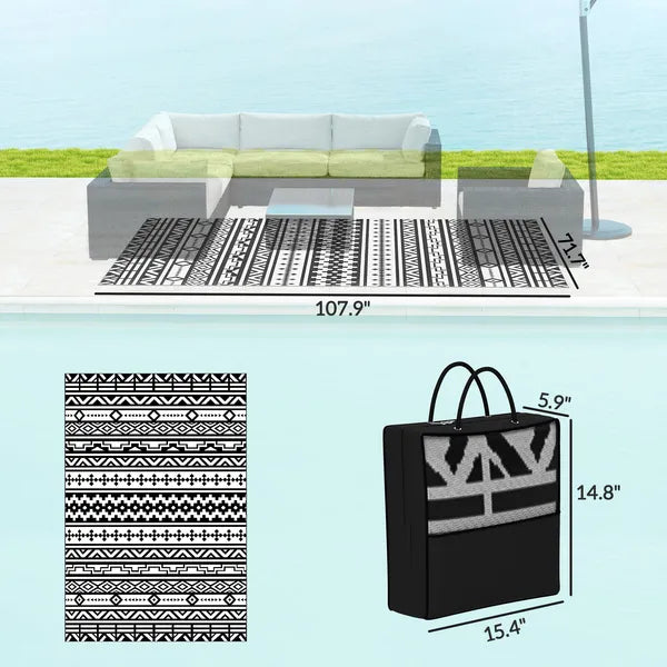 6x9 Reversible Outdoor Rug Waterproof Plastic Straw Patio Rug Black and White Geometric Indoor Outdoor Carpet with Carry Bag for Camping Balcony Deck