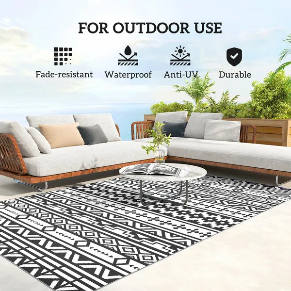 6x9 Reversible Outdoor Rug Waterproof Plastic Straw Patio Rug Black and White Geometric Indoor Outdoor Carpet with Carry Bag for Camping Balcony Deck