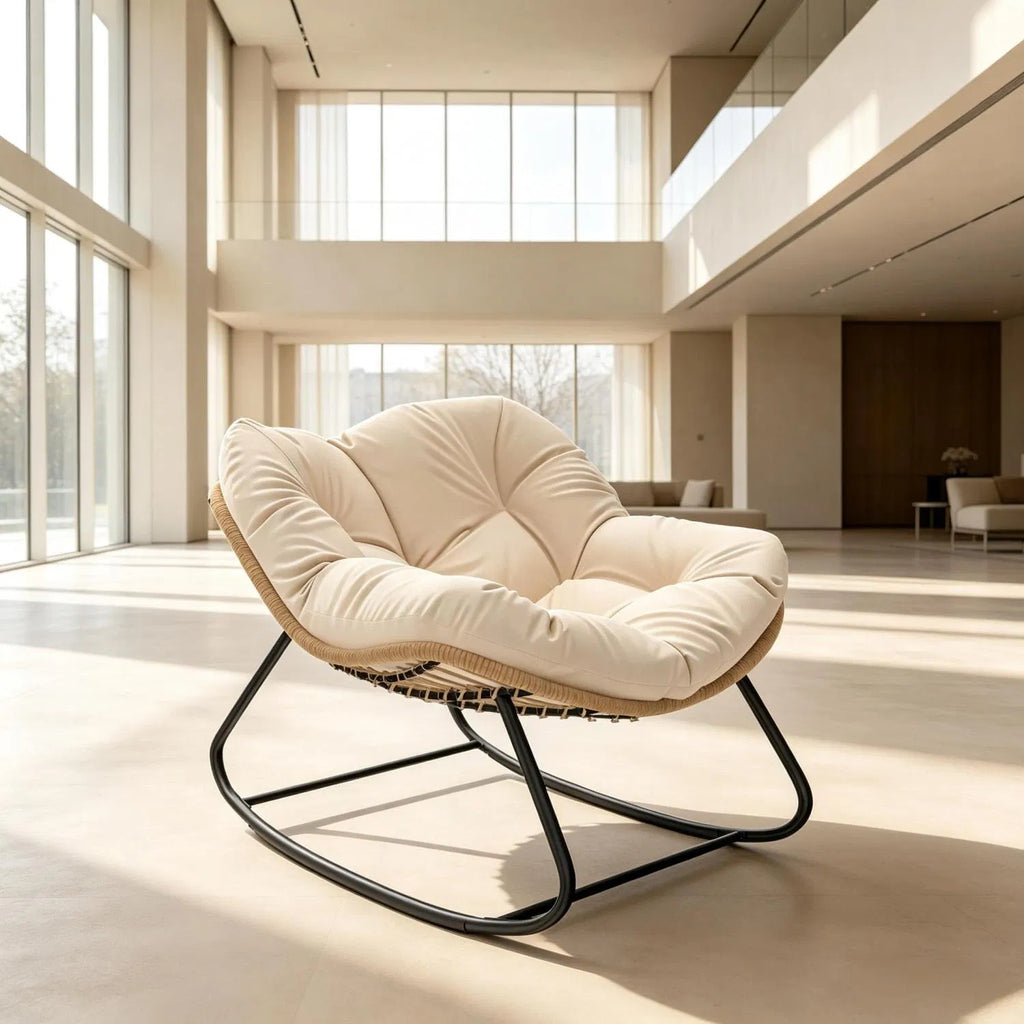 Cream Oversized Papasan Rocking Egg Chair, Weather‑Resistant PE Wicker Rocker for Indoor Outdoor Patio Balcony