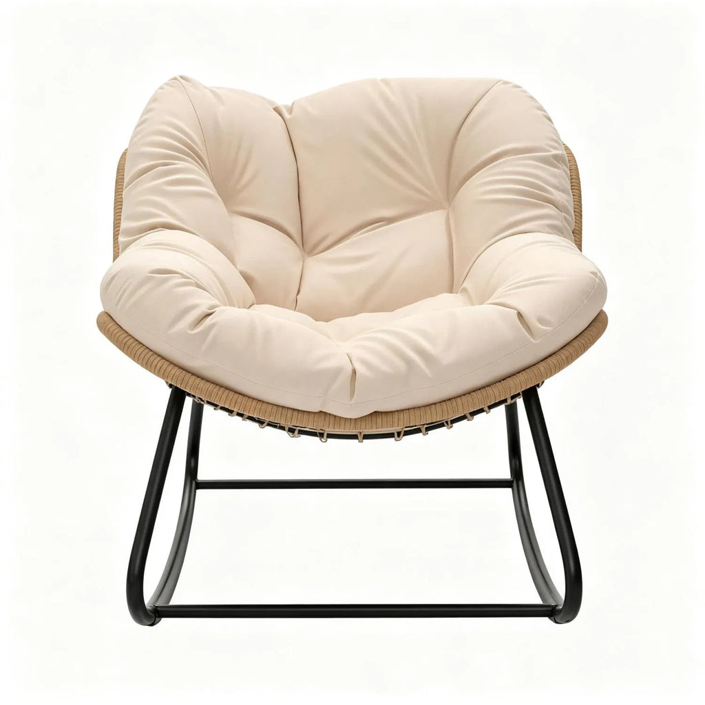 Cream Oversized Papasan Rocking Egg Chair, Weather‑Resistant PE Wicker Rocker for Indoor Outdoor Patio Balcony