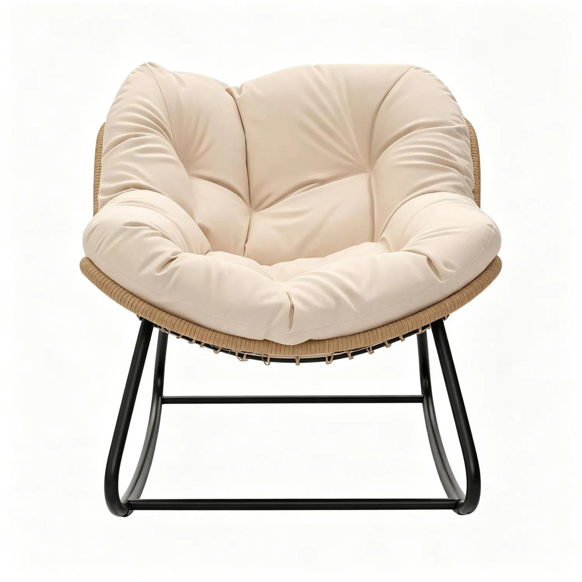 Cream Oversized Papasan Rocking Egg Chair, Weather‑Resistant PE Wicker Rocker for Indoor Outdoor Patio Balcony