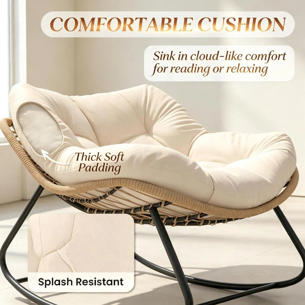 Cream Oversized Papasan Rocking Egg Chair, Weather‑Resistant PE Wicker Rocker for Indoor Outdoor Patio Balcony