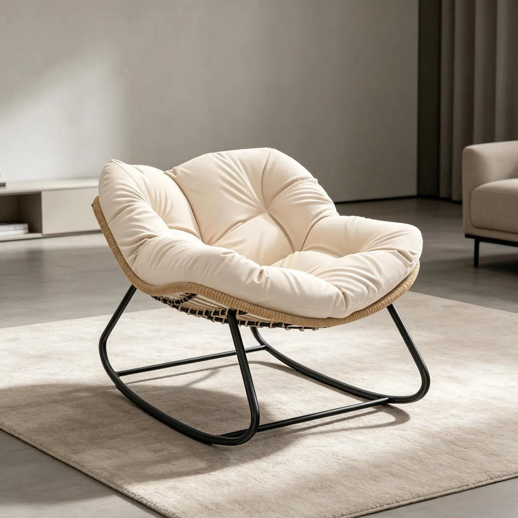 Cream Oversized Papasan Rocking Egg Chair, Weather‑Resistant PE Wicker Rocker for Indoor Outdoor Patio Balcony