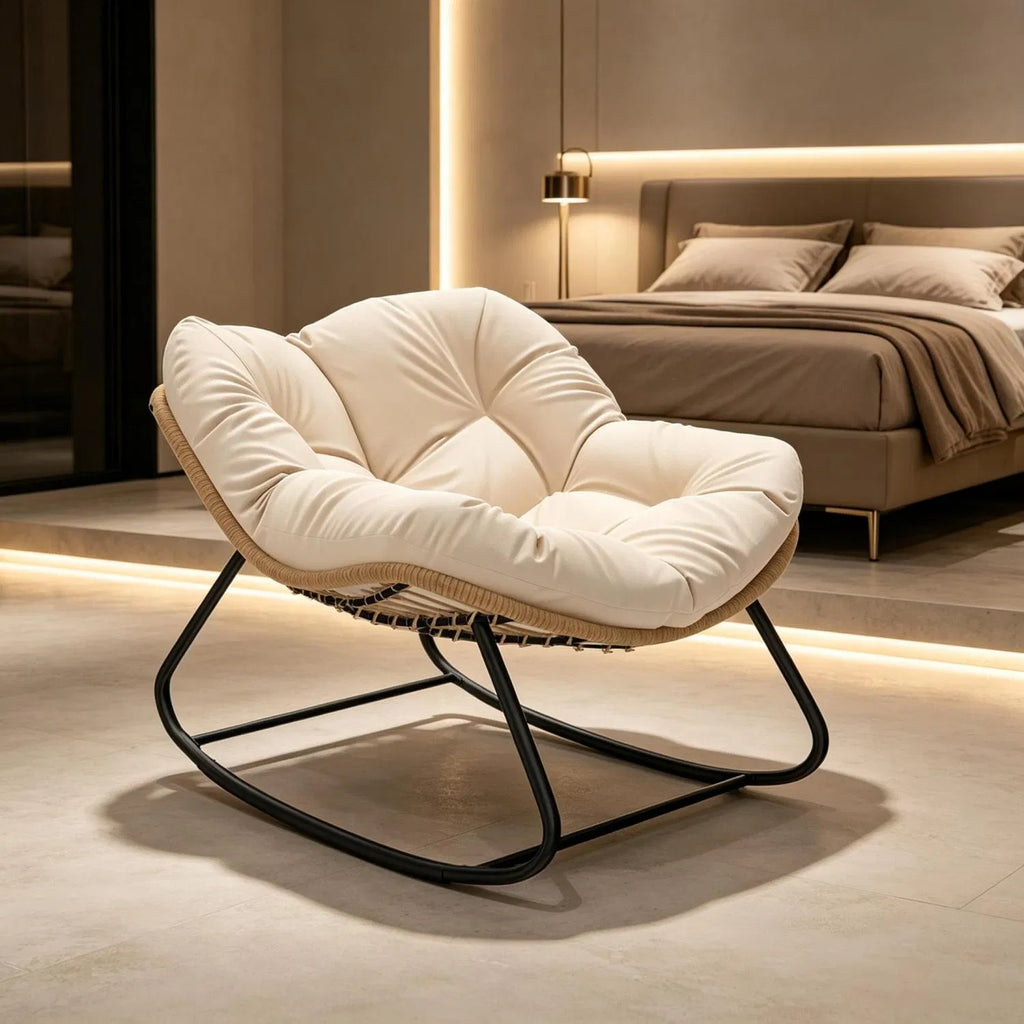 Cream Oversized Papasan Rocking Egg Chair, Weather‑Resistant PE Wicker Rocker for Indoor Outdoor Patio Balcony