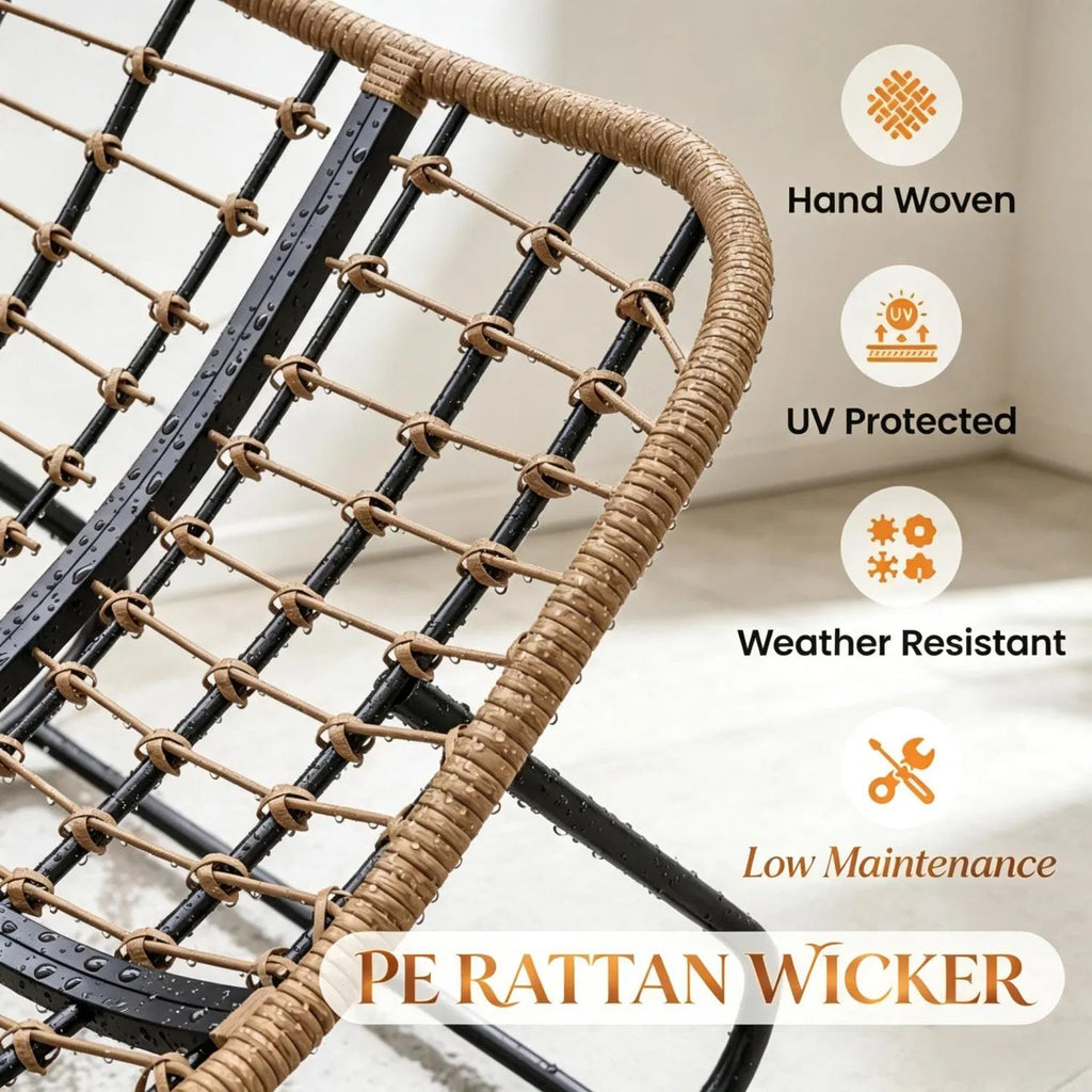 Cream Oversized Papasan Rocking Egg Chair, Weather‑Resistant PE Wicker Rocker for Indoor Outdoor Patio Balcony