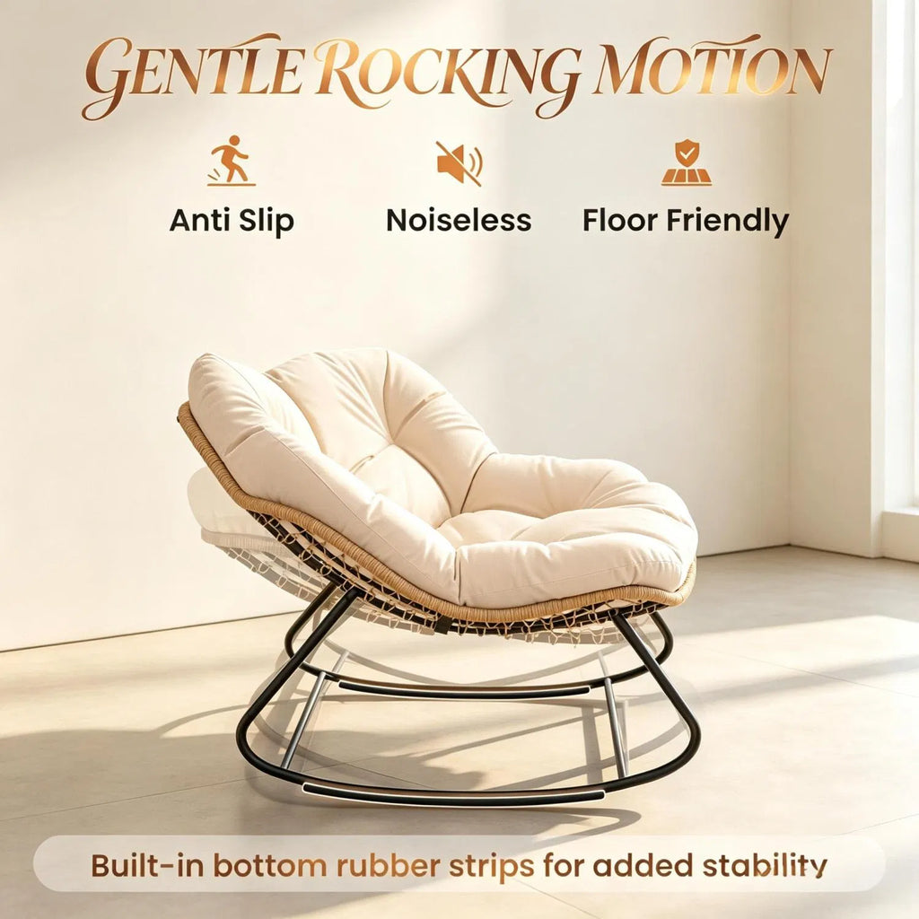 Cream Oversized Papasan Rocking Egg Chair, Weather‑Resistant PE Wicker Rocker for Indoor Outdoor Patio Balcony