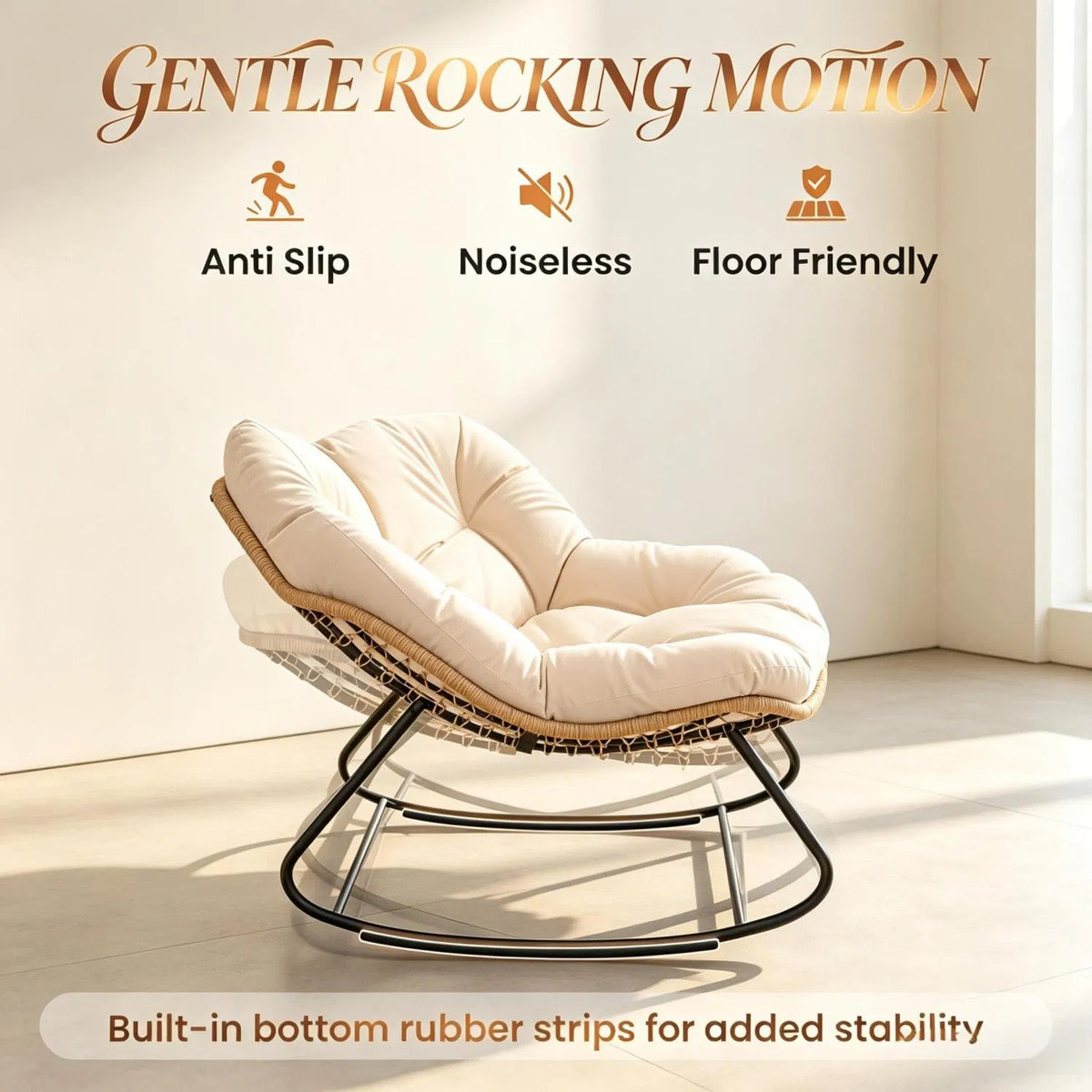 Cream Oversized Papasan Rocking Egg Chair, Weather‑Resistant PE Wicker Rocker for Indoor Outdoor Patio Balcony