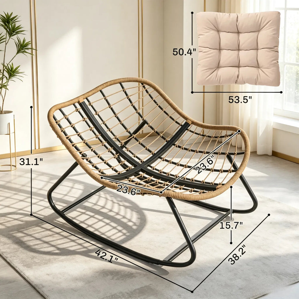 Cream Oversized Papasan Rocking Egg Chair, Weather‑Resistant PE Wicker Rocker for Indoor Outdoor Patio Balcony