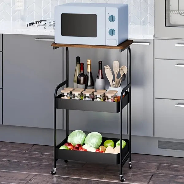 Aeelleea 3-Tier Rolling Storage Cart with Wooden Desktop, Mobile Printer Stand with Lockable Wheels for Kitchen Office