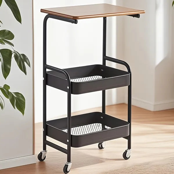 Aeelleea 3-Tier Rolling Storage Cart with Wooden Desktop, Mobile Printer Stand with Lockable Wheels for Kitchen Office
