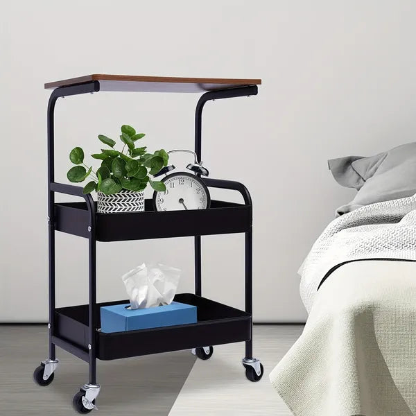 Aeelleea 3-Tier Rolling Storage Cart with Wooden Desktop, Mobile Printer Stand with Lockable Wheels for Kitchen Office