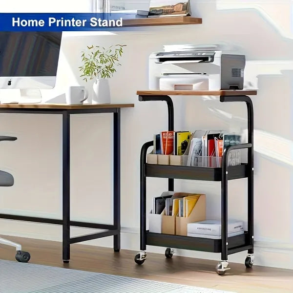 Aeelleea 3-Tier Rolling Storage Cart with Wooden Desktop, Mobile Printer Stand with Lockable Wheels for Kitchen Office