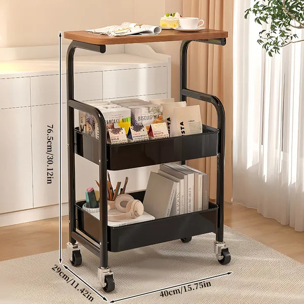 Aeelleea 3-Tier Rolling Storage Cart with Wooden Desktop, Mobile Printer Stand with Lockable Wheels for Kitchen Office