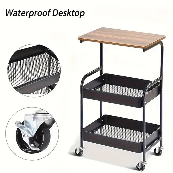 Aeelleea 3-Tier Rolling Storage Cart with Wooden Desktop, Mobile Printer Stand with Lockable Wheels for Kitchen Office