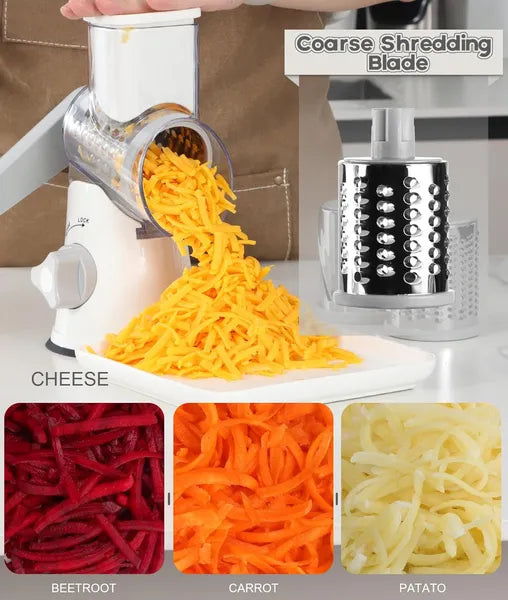 AEELLEEA Rotary Hand Crank Cheese Grater with 3 Stainless Steel Drum Blades, Manual Vegetable Slicer Shredder for Potato Carrot Cheese, Kitchen Food Cutter