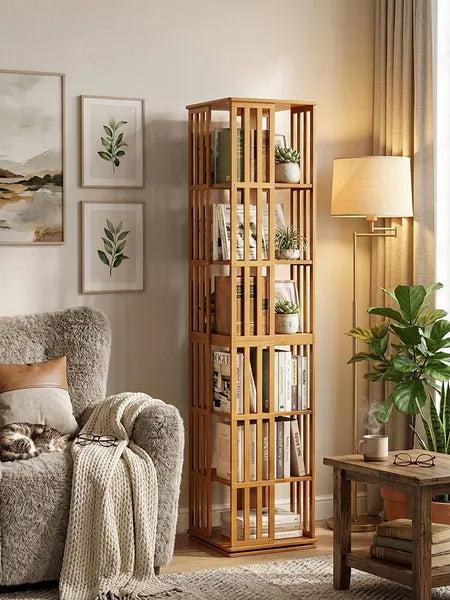 Aeelleea 70 Inch 6-Tier 360° Rotating Bookshelf, Bamboo Narrow Freestanding Storage Display Rack for Kids & Adults, Brown