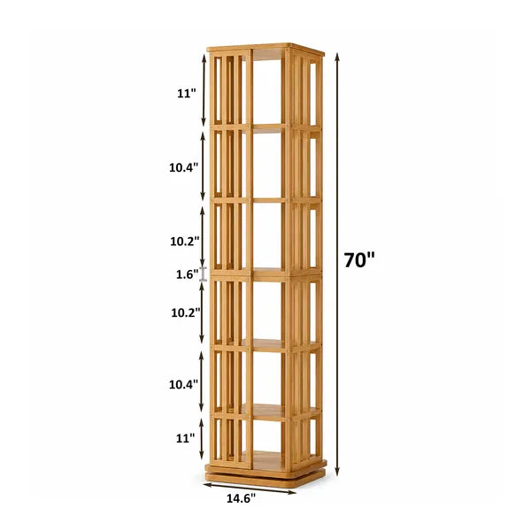 Aeelleea 70 Inch 6-Tier 360° Rotating Bookshelf, Bamboo Narrow Freestanding Storage Display Rack for Kids & Adults, Brown