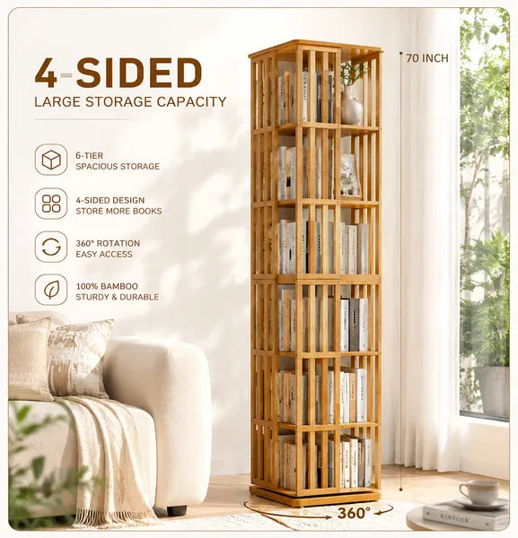 Aeelleea 70 Inch 6-Tier 360° Rotating Bookshelf, Bamboo Narrow Freestanding Storage Display Rack for Kids & Adults, Brown