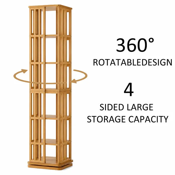 Aeelleea 70 Inch 6-Tier 360° Rotating Bookshelf, Bamboo Narrow Freestanding Storage Display Rack for Kids & Adults, Brown