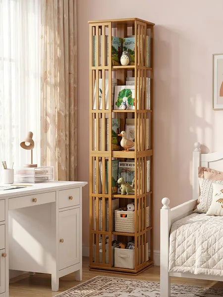 Aeelleea 70 Inch 6-Tier 360° Rotating Bookshelf, Bamboo Narrow Freestanding Storage Display Rack for Kids & Adults, Brown
