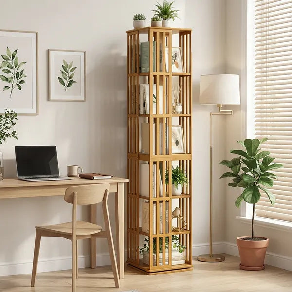 Aeelleea 70 Inch 6-Tier 360° Rotating Bookshelf, Bamboo Narrow Freestanding Storage Display Rack for Kids & Adults, Brown