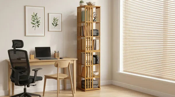 Aeelleea 70 Inch 6-Tier 360° Rotating Bookshelf, Bamboo Narrow Freestanding Storage Display Rack for Kids & Adults, Brown