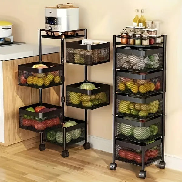 5-Tier Rotating Kitchen Storage Rack, Rolling Carbon Steel Vegetable Fruit Organizer Cart with Lockable Wheels